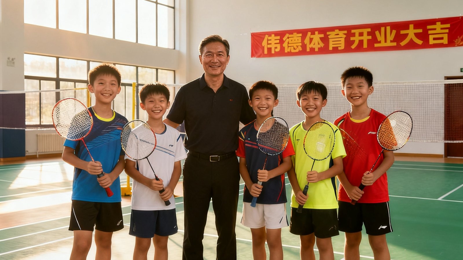 伟德体育创始人陈伟德在2016年首家场馆开业当天与首批学员的合影，背景是崭新铺设的羽毛球场地，墙面挂着开业横幅，几位青少年学员手持球拍笑容灿烂，阳光从大窗洒入照亮整个空间。
