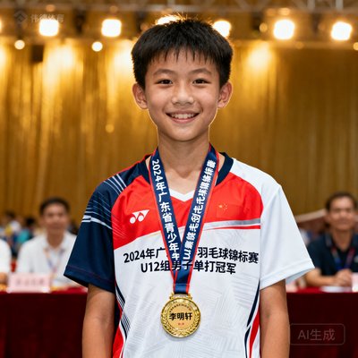 12岁学员李明轩的肖像照，穿着伟德体育队服，胸前挂着2024年广东省青少年羽毛球锦标赛U12组男子单打冠军金牌，背景是颁奖典礼现场。
