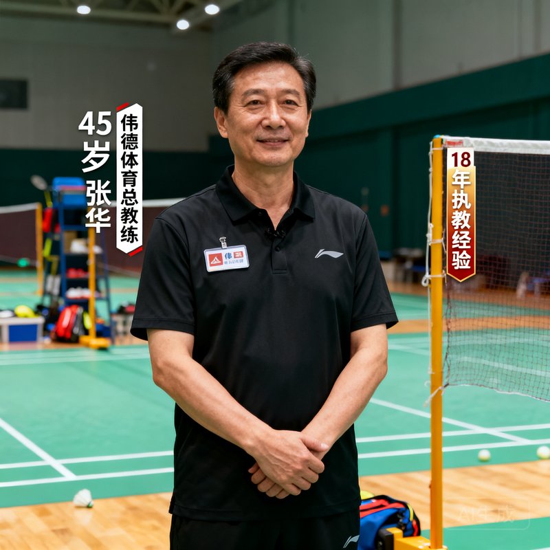 伟德体育总教练张建华的个人照，45岁，穿着黑色教练服，双手交叉站立在羽毛球场边，表情专注而温和，他曾是国家羽毛球队退役运动员，拥有18年执教经验。